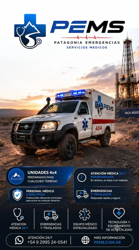 PEMS · Estamos donde más nos necesitás. Cobertura médica integral en los entornos más exigentes de Vaca Muerta, con personal médico capacitado y unidades 4x4.