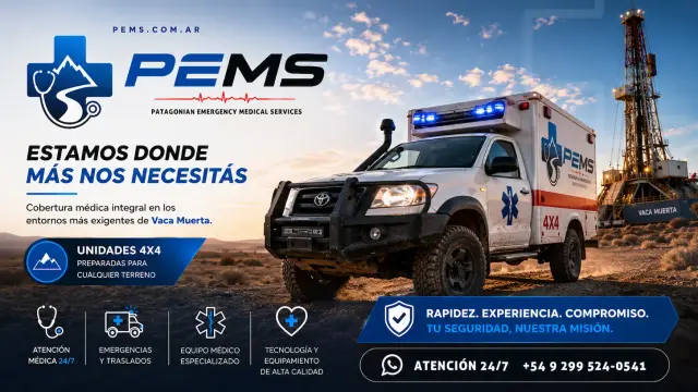 PEMS · Estamos donde más nos necesitás. Cobertura médica integral en los entornos más exigentes de Vaca Muerta, con unidades 4x4 y atención 24/7.